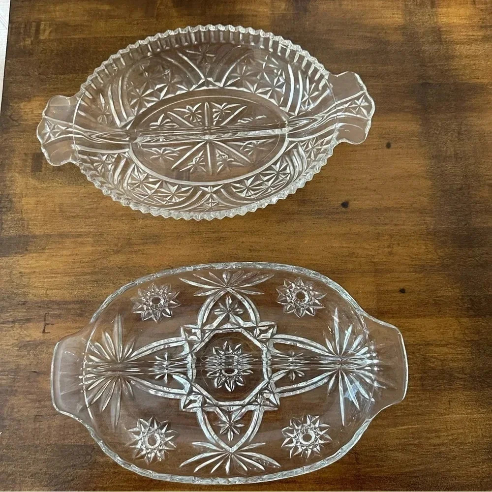 Antique Cut Glass Divided Relish/ Candy Trays Set of 2